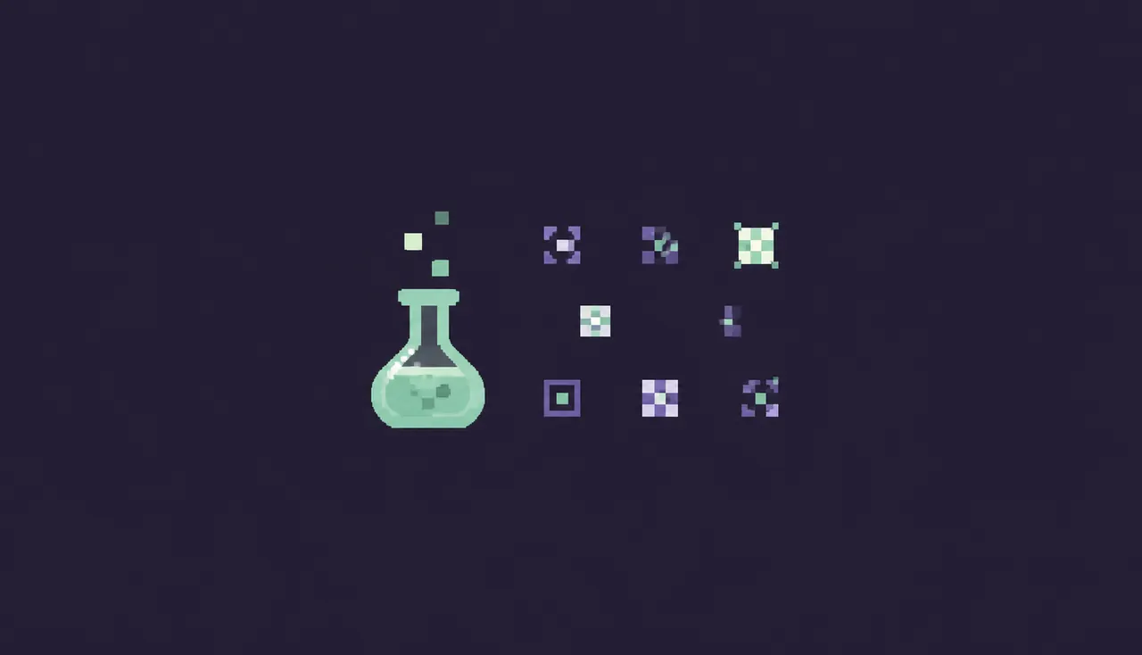 A mint flask and small pixel experiments on a purple background.