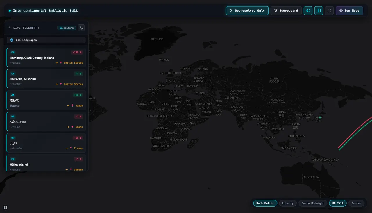 A dark world map with glowing arcs tracing Wikipedia edits toward the places they describe.