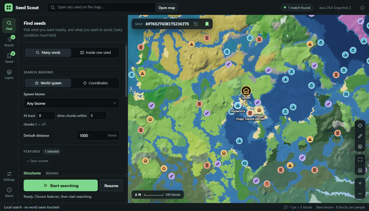 Seed Scout showing its seed search controls beside a terrain map with spawn, village, shipwreck and ruined portal markers.